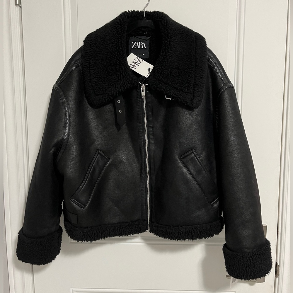 NWT - Zara ZW Collection Women’s Sherpa Lined Faux Leather Biker Jacket - Size L